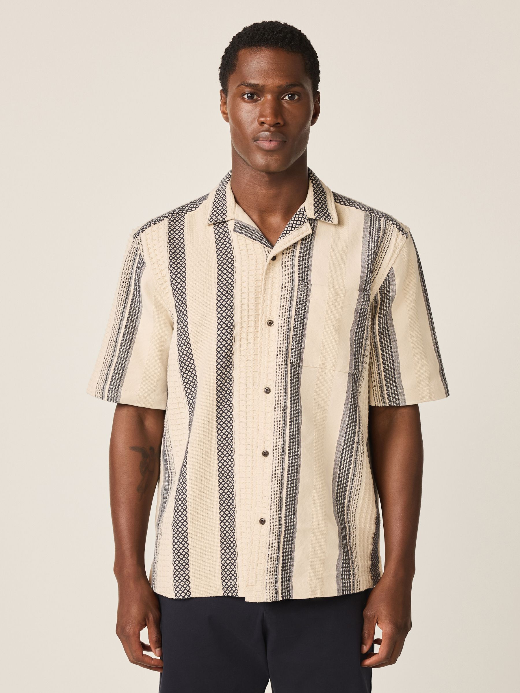 Buy Monochrome Relaxed Fit Stripe Textured Revere Collar Short