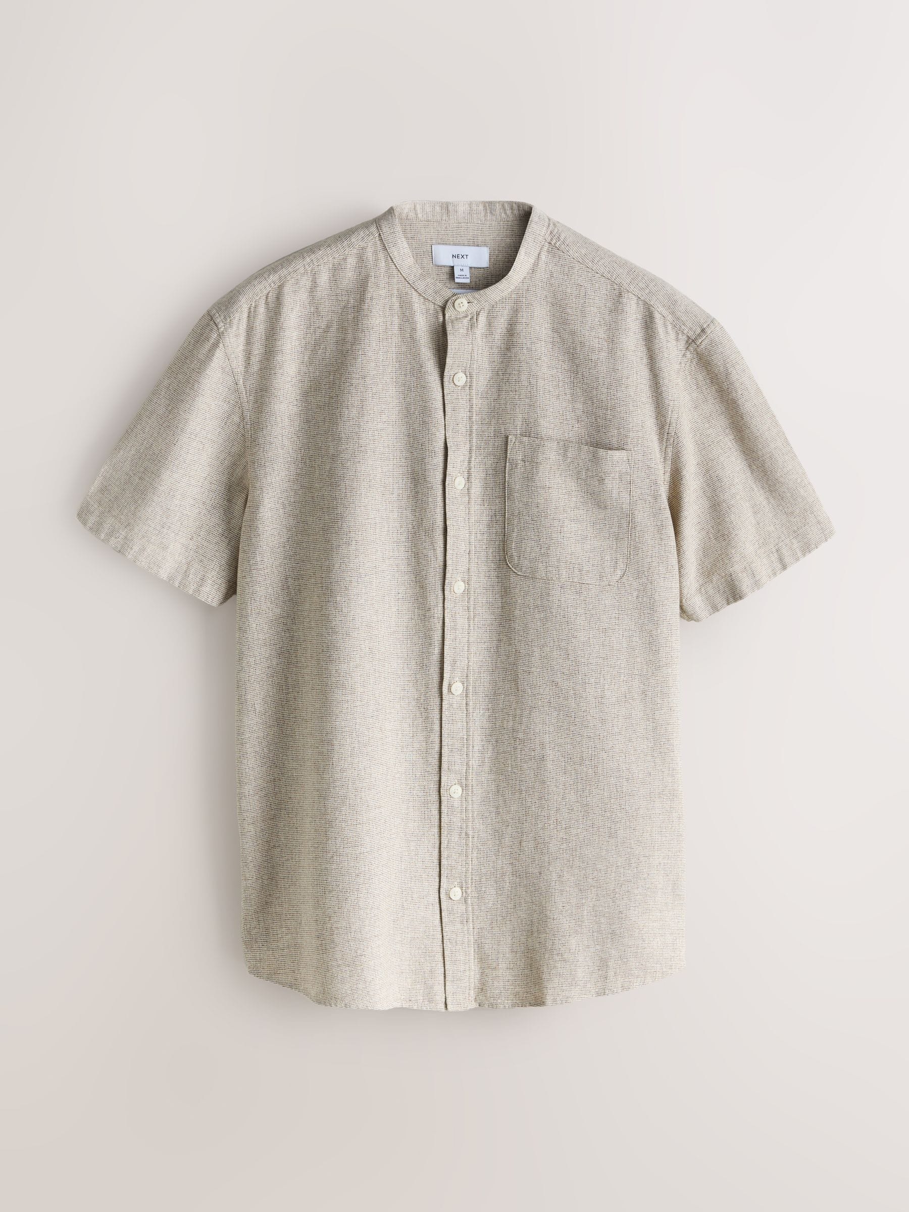 Buy Neutral Grandad Collar Cotton Linen Blend Short Sleeve Shirt