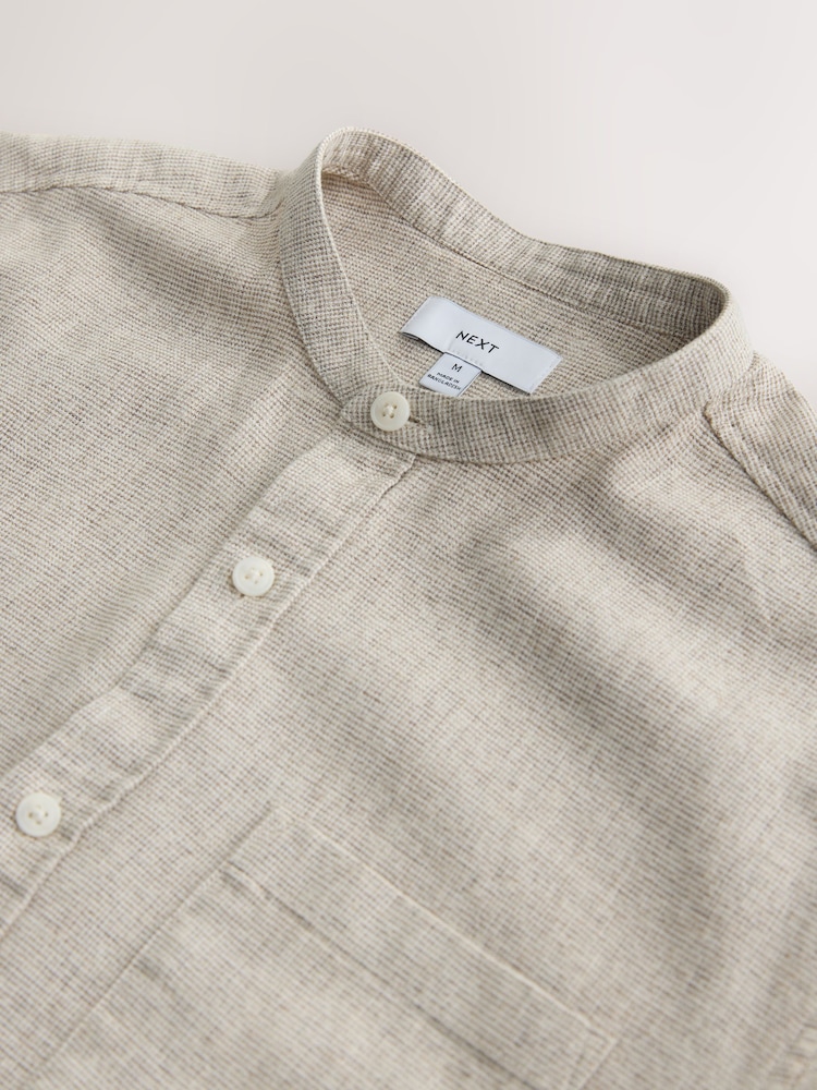 لون محايد - بياقة صغيرة - قميص كم قصير كتان مخلوط قطن - صورة 8 من 8