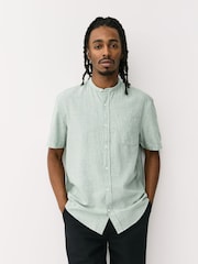 Green Grandad Collar Cotton Linen Blend Short Sleeve Shirt - Image 1 of 8