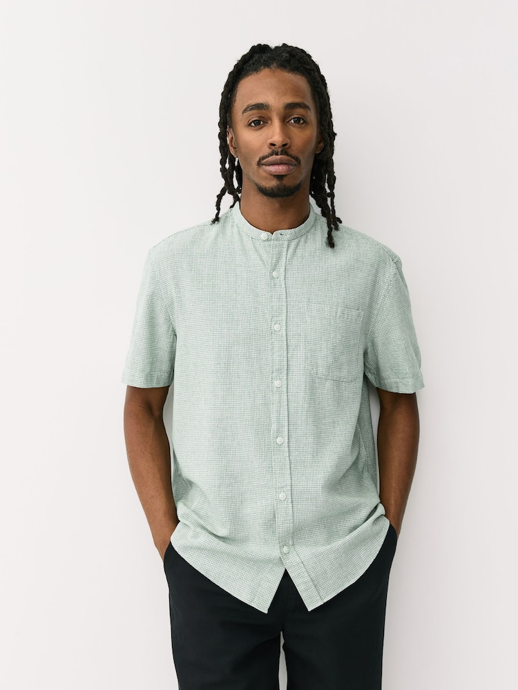 Green Grandad Collar Cotton Linen Blend Short Sleeve Shirt - Image 1 of 8