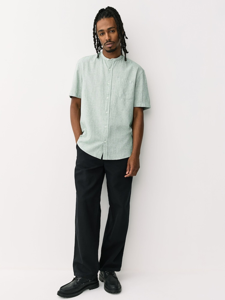 Green Grandad Collar Cotton Linen Blend Short Sleeve Shirt - Image 2 of 8