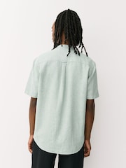 Green Grandad Collar Cotton Linen Blend Short Sleeve Shirt - Image 3 of 8