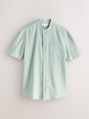 Green Grandad Collar Cotton Linen Blend Short Sleeve Shirt - Image 6 of 8