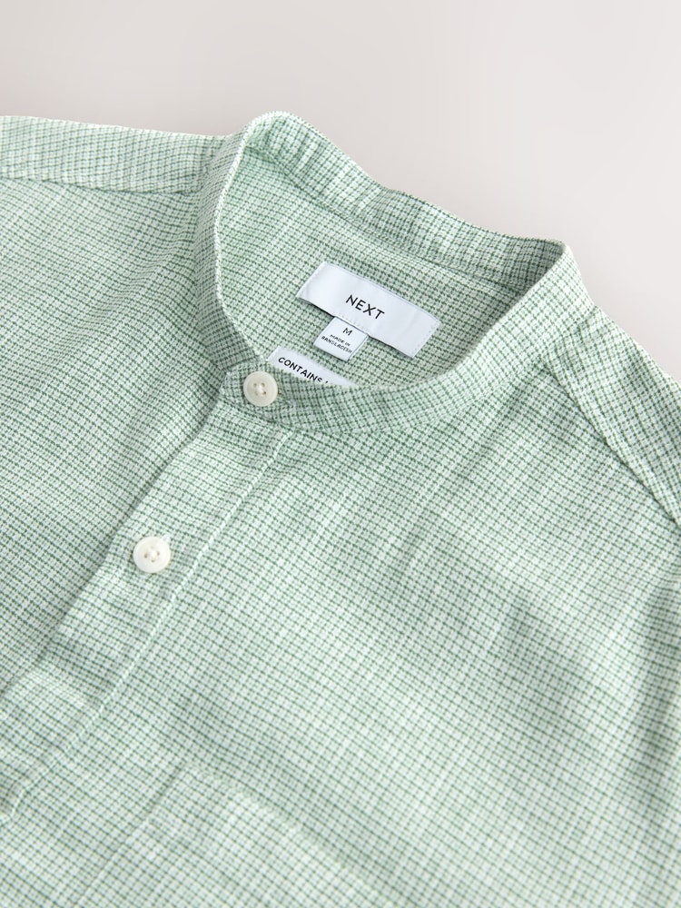 Green Grandad Collar Cotton Linen Blend Short Sleeve Shirt - Image 8 of 8
