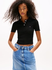 Tommy Hilfiger Black Slim Fit Pointelle Polo Top - Image 1 of 4
