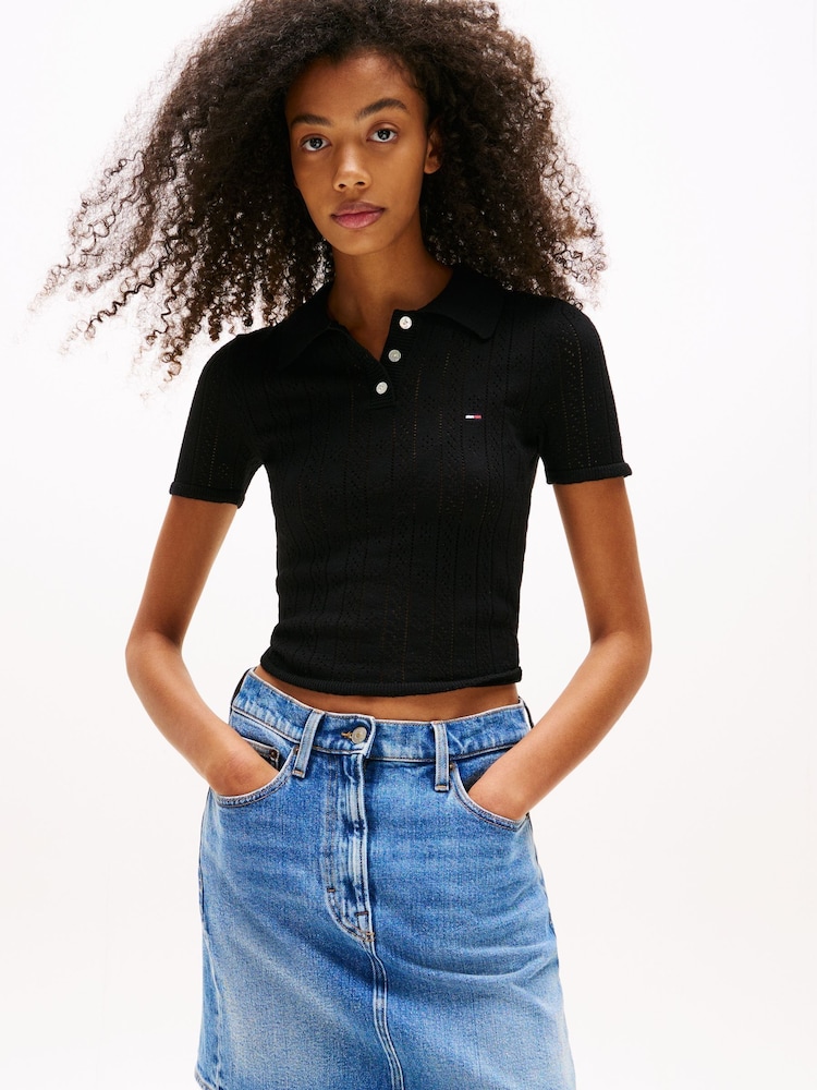 Tommy Hilfiger Black Slim Fit Pointelle Polo Top - Image 1 of 4