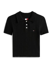 Tommy Hilfiger Black Slim Fit Pointelle Polo Top - Image 4 of 4