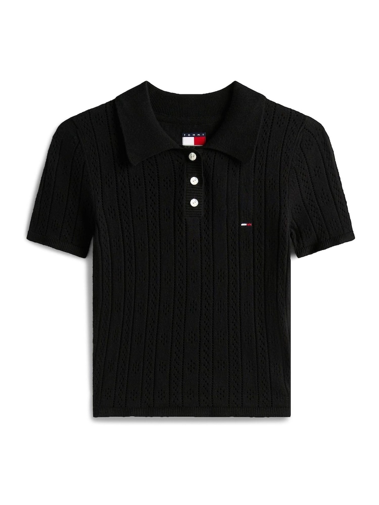 Tommy Hilfiger Black Slim Fit Pointelle Polo Top - Image 4 of 4