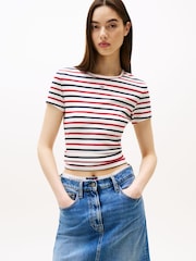 Tommy Jeans White Slim Ribbed Round Neck T-Shirt - Image 1 of 5