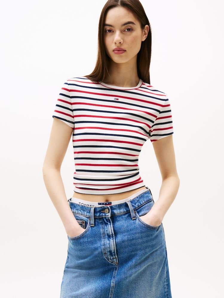 Tommy Jeans White Slim Ribbed Round Neck T-Shirt - Image 1 of 5