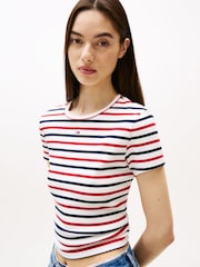 Tommy Jeans White Slim Ribbed Round Neck T-Shirt - Image 4 of 5