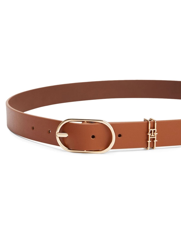 Tommy Hilfiger Brown Leather Monogram Oval Buckle Belt - Image 1 of 3 Tommy Hilfiger Brown Leather Monogram Oval Buckle Belt - Image 1 of 3
