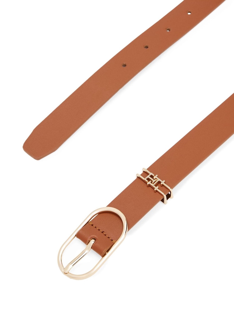 Tommy Hilfiger Brown Leather Monogram Oval Buckle Belt - Image 2 of 3 Tommy Hilfiger Brown Leather Monogram Oval Buckle Belt - Image 2 of 3