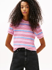 Tommy Jeans Pink Stripe Logo T-Shirt - Image 1 of 5