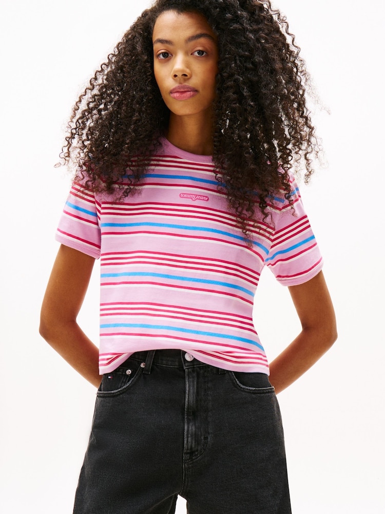 Tommy Jeans Pink Stripe Logo T-Shirt - Image 1 of 5