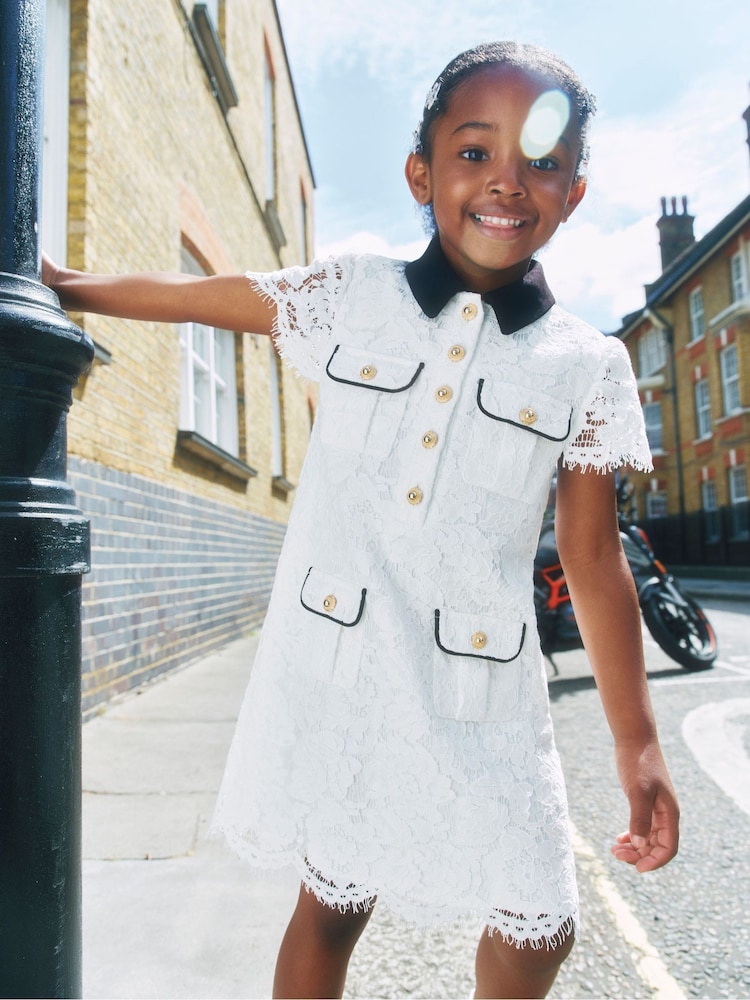 Self-Portrait White Lace Contrast Collar Dress - Image 3 of 3