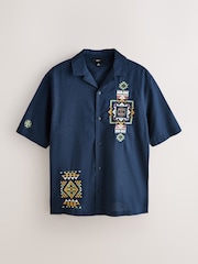 Navy Textured Embroidered Navajo Style Short Sleeve Shirt - Image 1 of 3