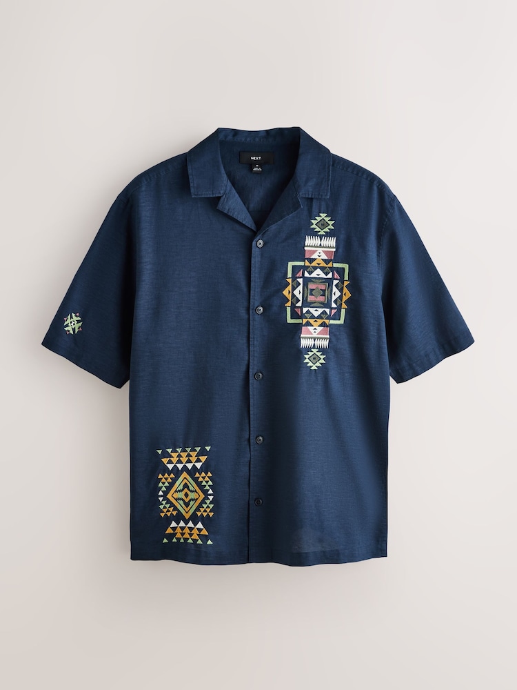 Navy Textured Embroidered Navajo Style Short Sleeve Shirt - Image 1 of 3