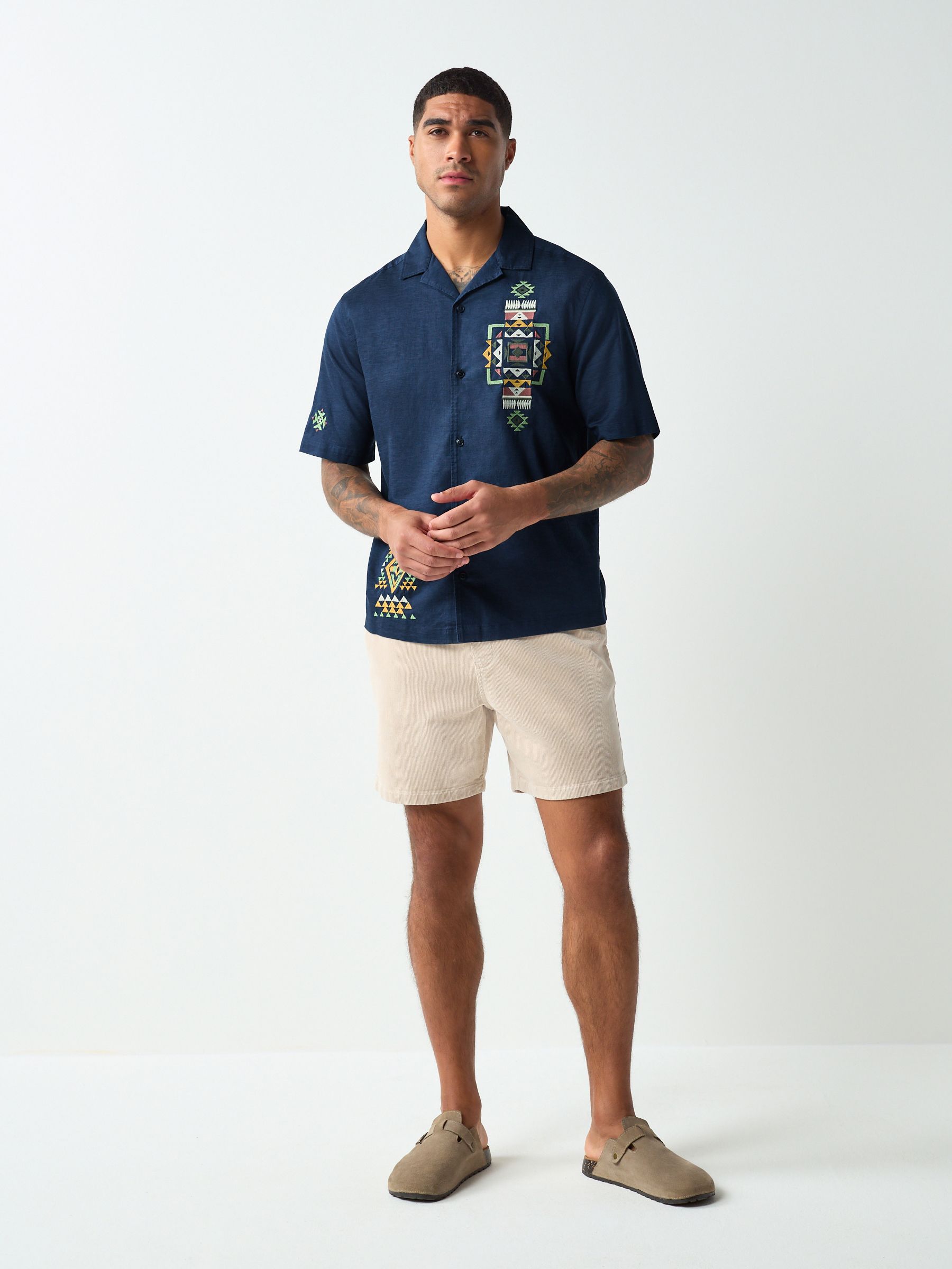 Buy Navy Textured Embroidered Navajo Style Short Sleeve Shirt from