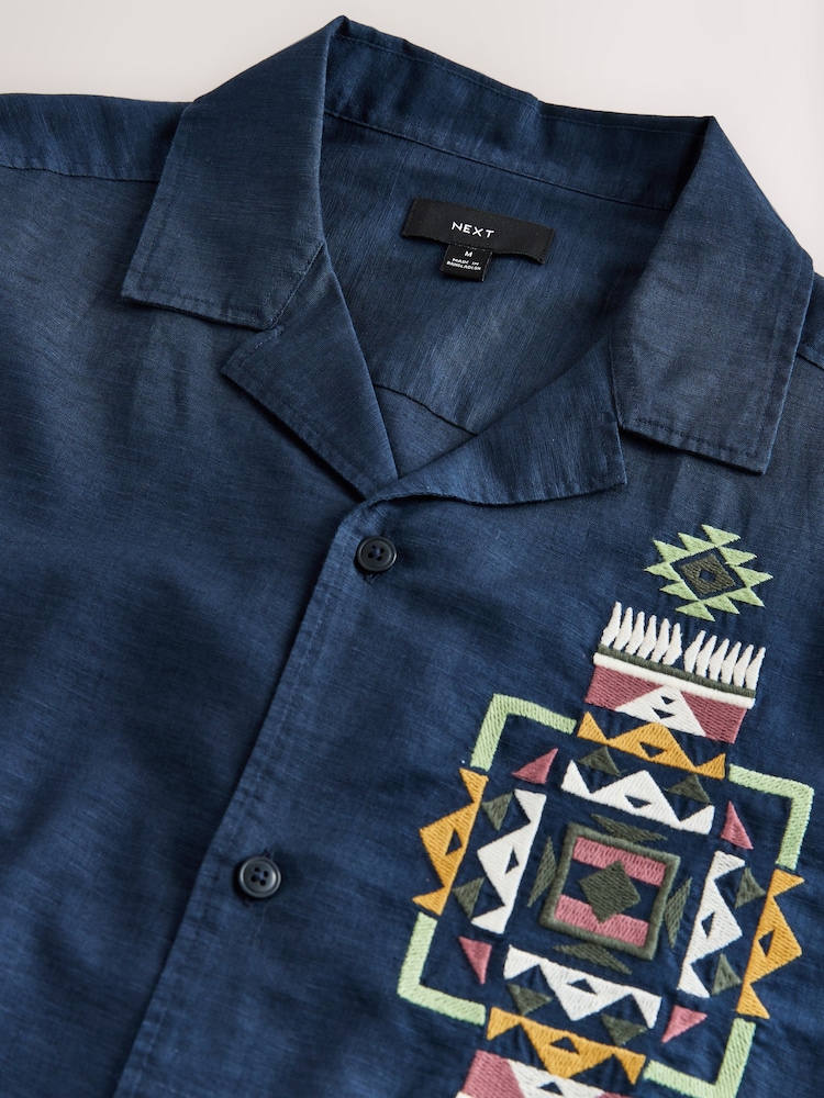 Navy Textured Embroidered Navajo Style Short Sleeve Shirt - Image 2 of 3