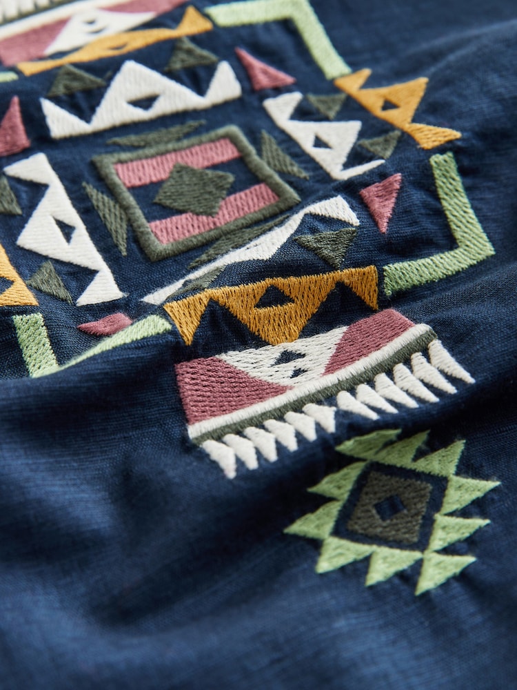 Navy Textured Embroidered Navajo Style Short Sleeve Shirt - Image 3 of 3