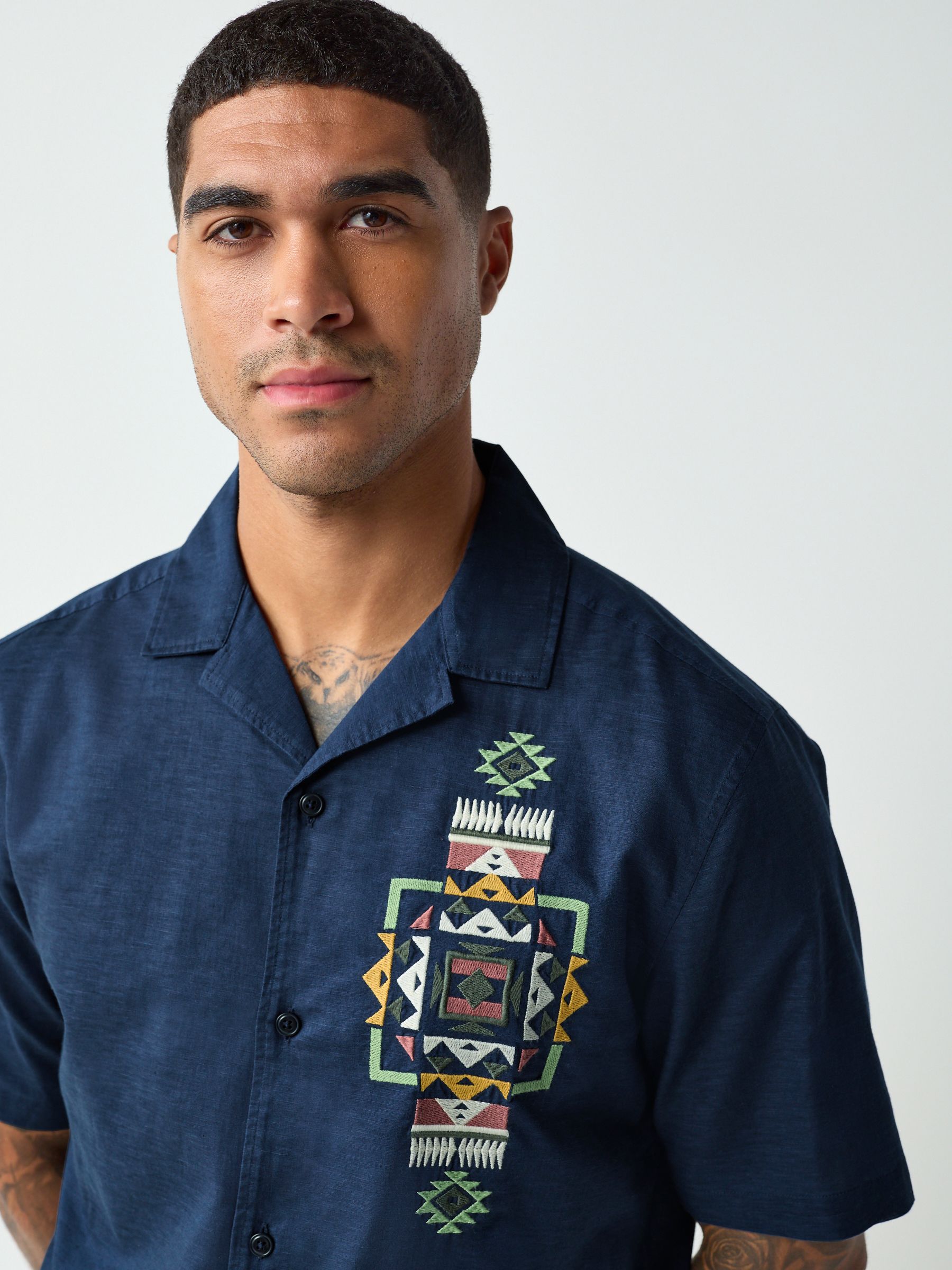 Buy Navy Textured Embroidered Navajo Style Short Sleeve Shirt from