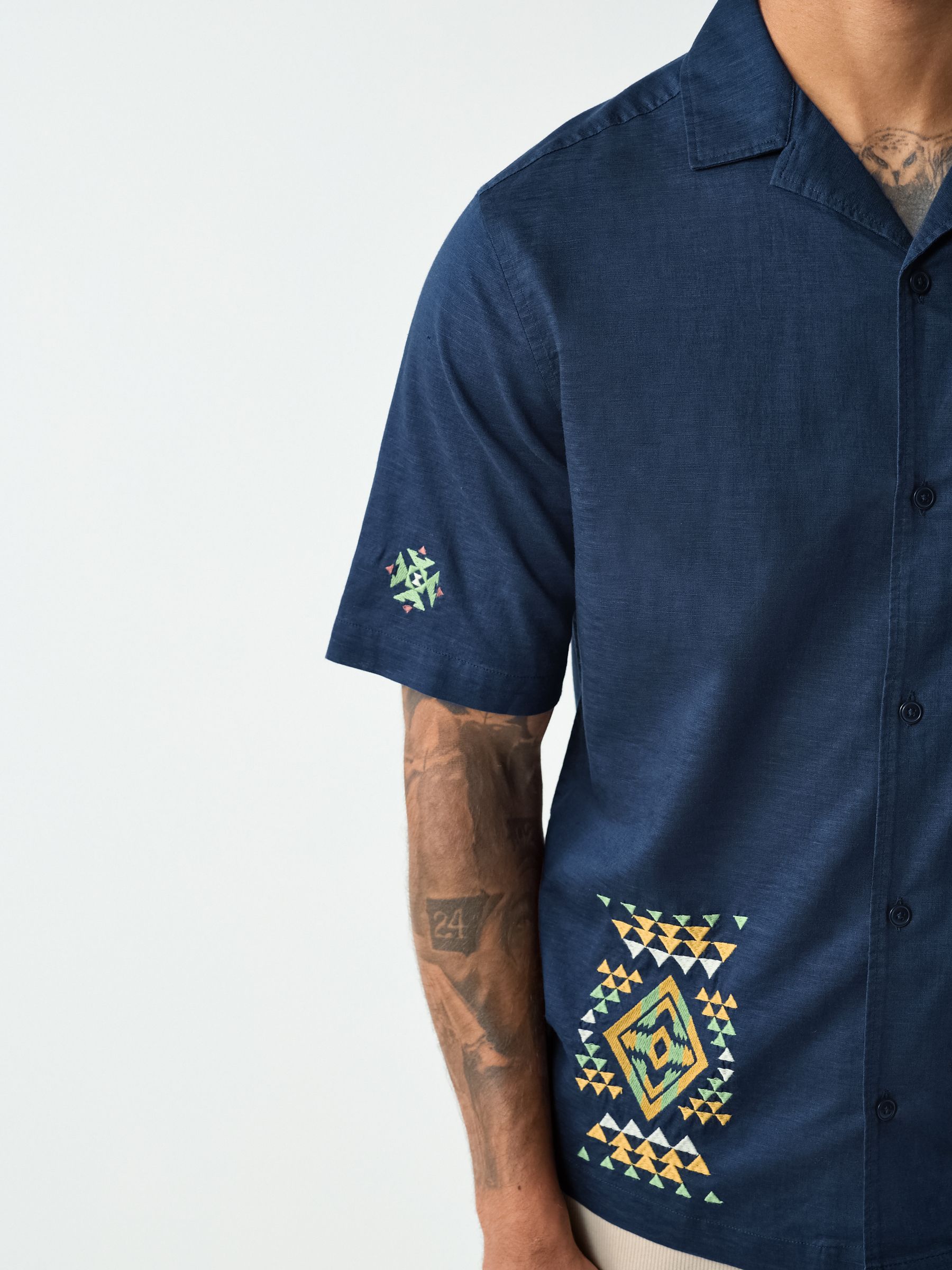 Buy Navy Textured Embroidered Navajo Style Short Sleeve Shirt from