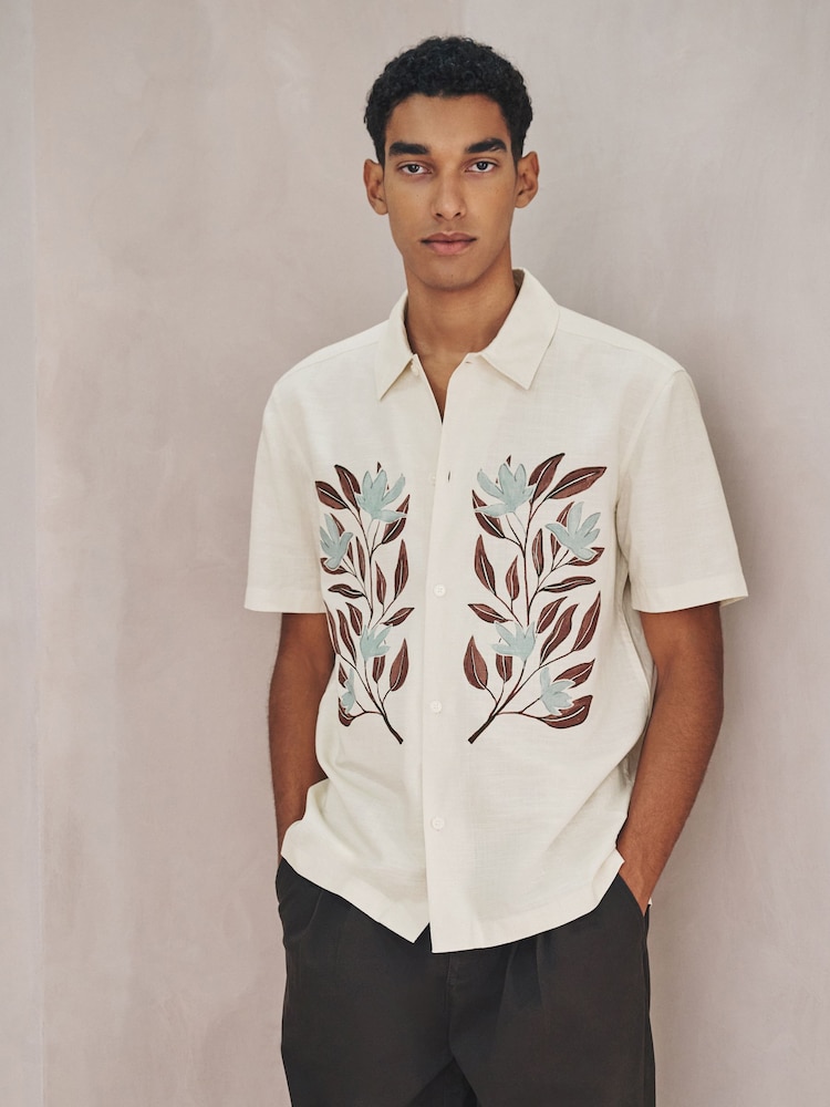 Neutral N.Premium Linen Tencel Blend Floral Print Short Sleeve Shirt - Image 1 of 7