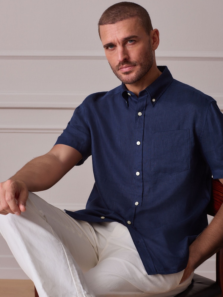 Navy Linen Short Sleeve Shirt - Image 5 of 5