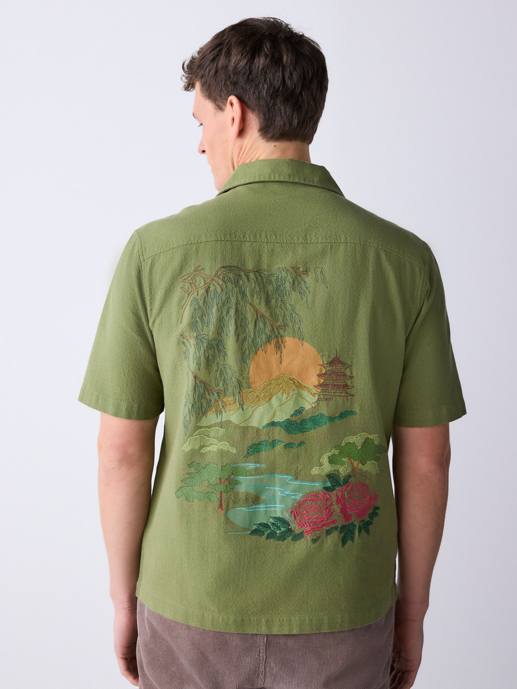 Buy Green Textured Embroidered Japanese Print Short Sleeve Shirt