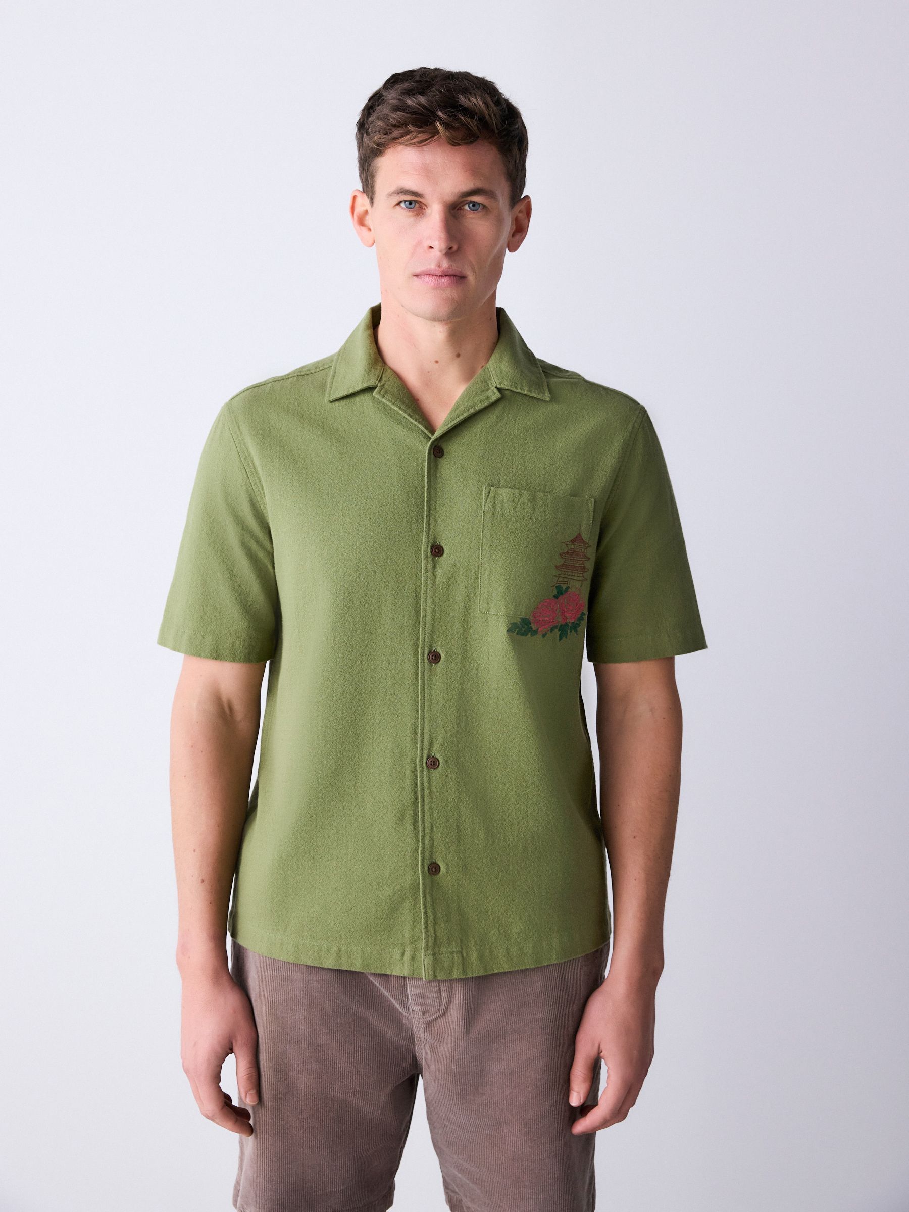 Buy Green Textured Embroidered Japanese Print Short Sleeve Shirt