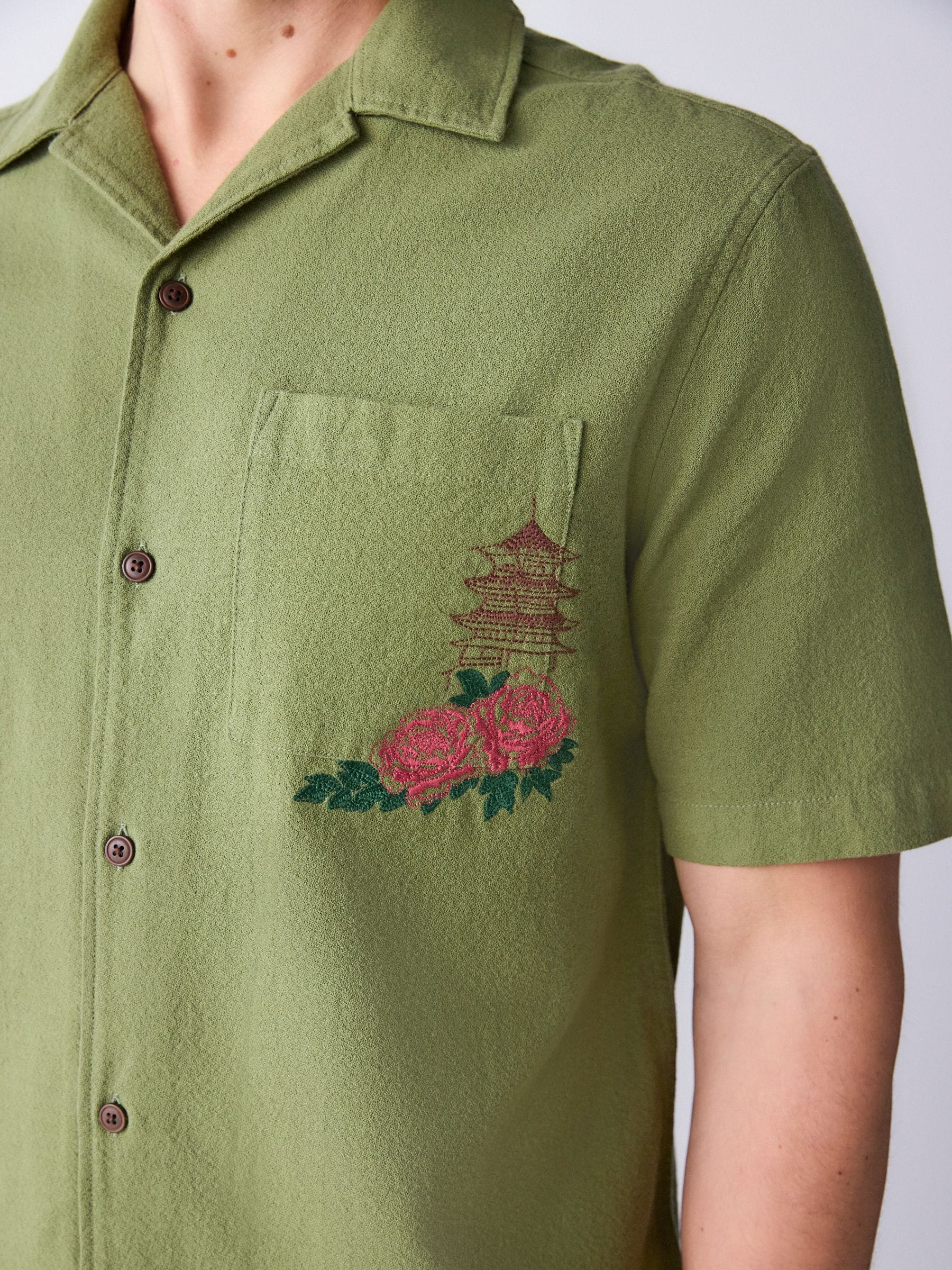 Buy Green Textured Embroidered Japanese Print Short Sleeve Shirt