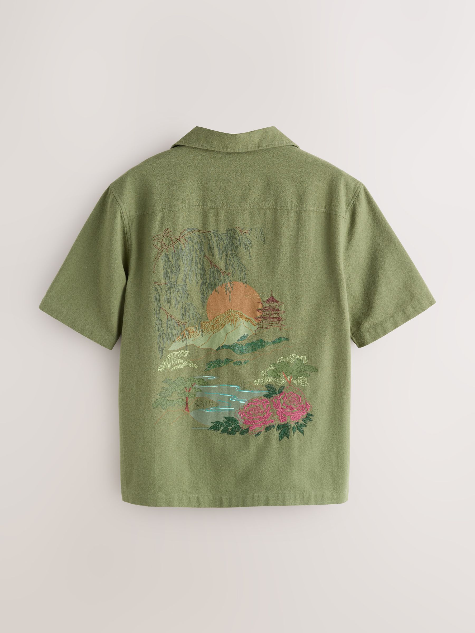 Buy Green Textured Embroidered Japanese Print Short Sleeve Shirt