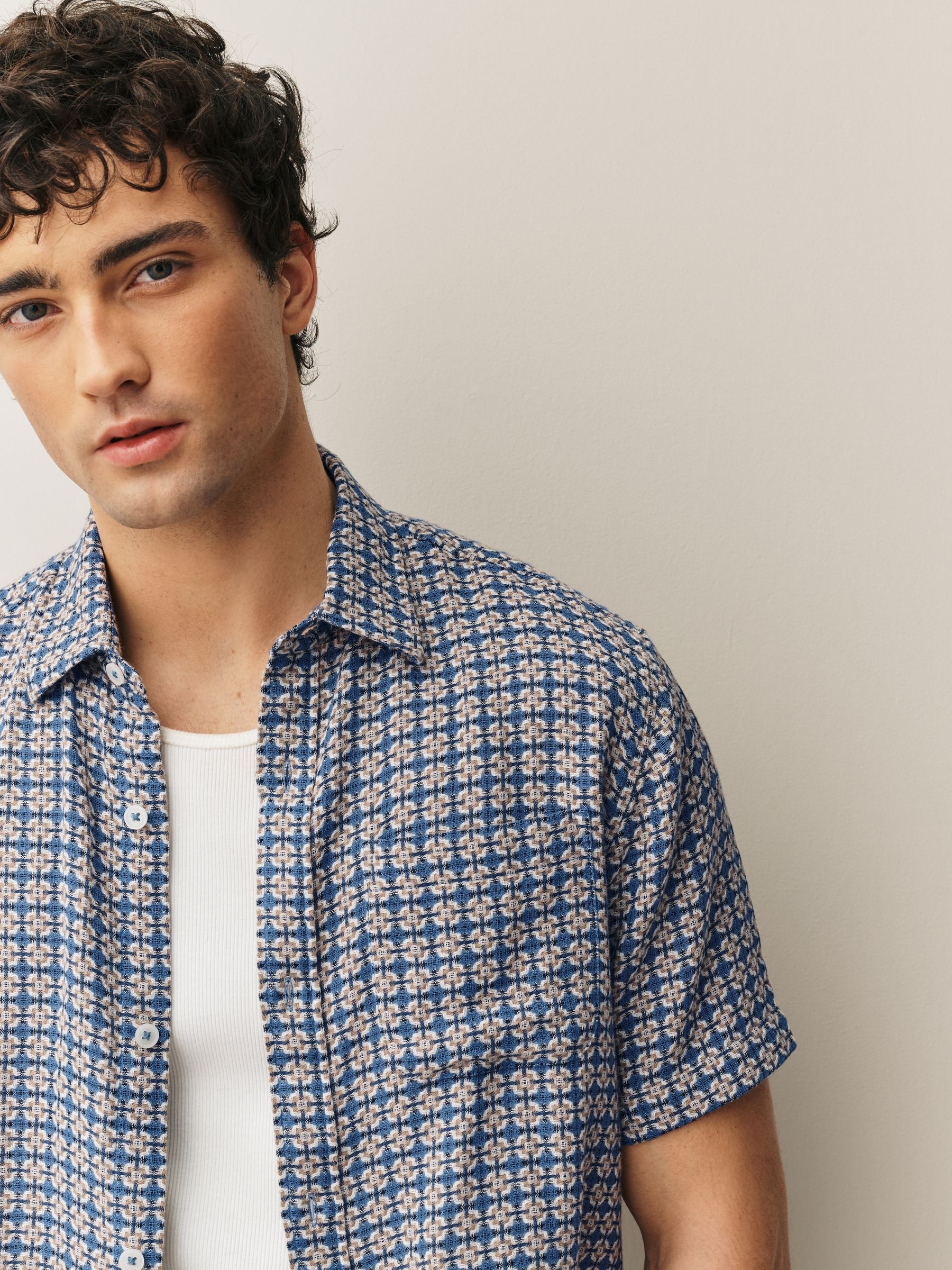 Buy Blue Textured Check Short Sleeve Shirt from Next Oman