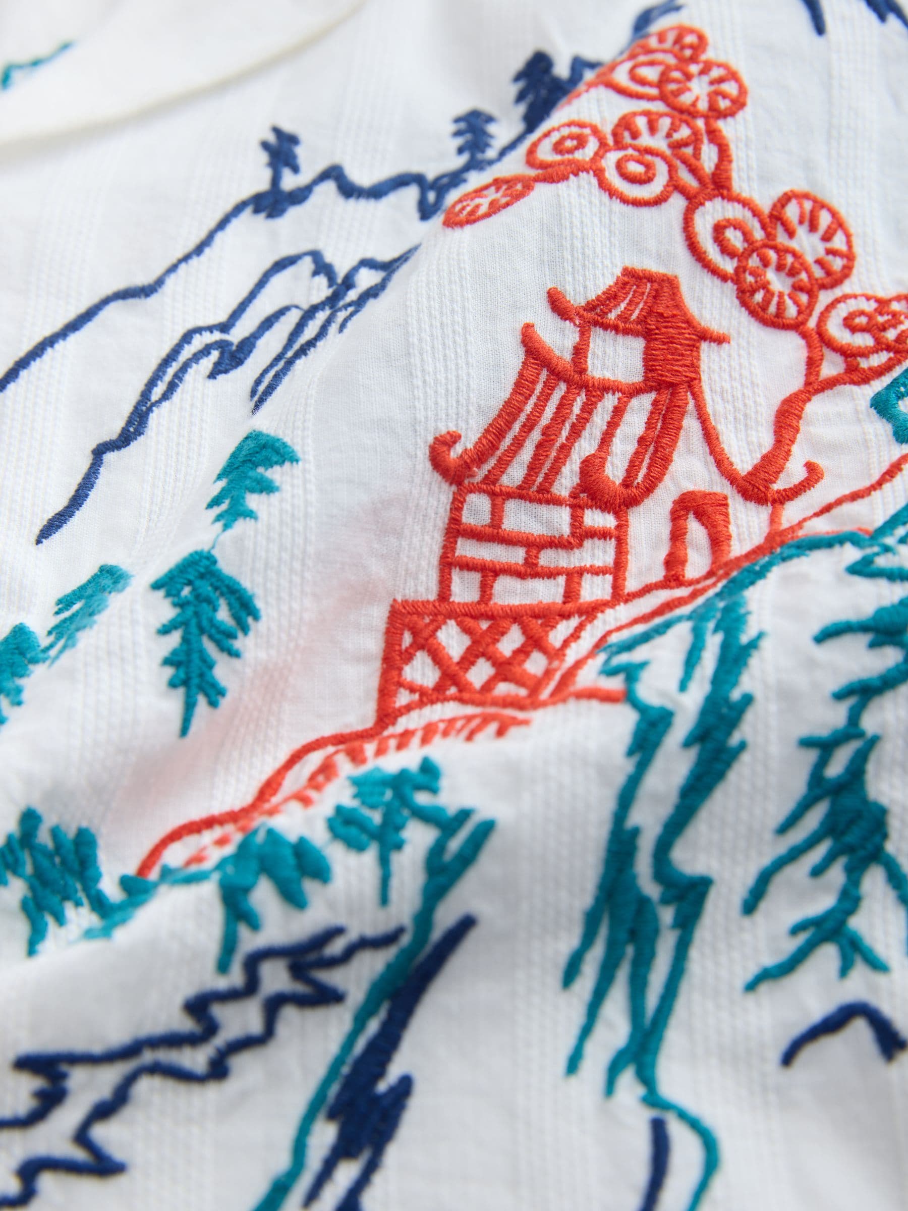 トップス Hanan Buy Neutral Textured Embroidered Japanese Print Short Sleeve Shirt