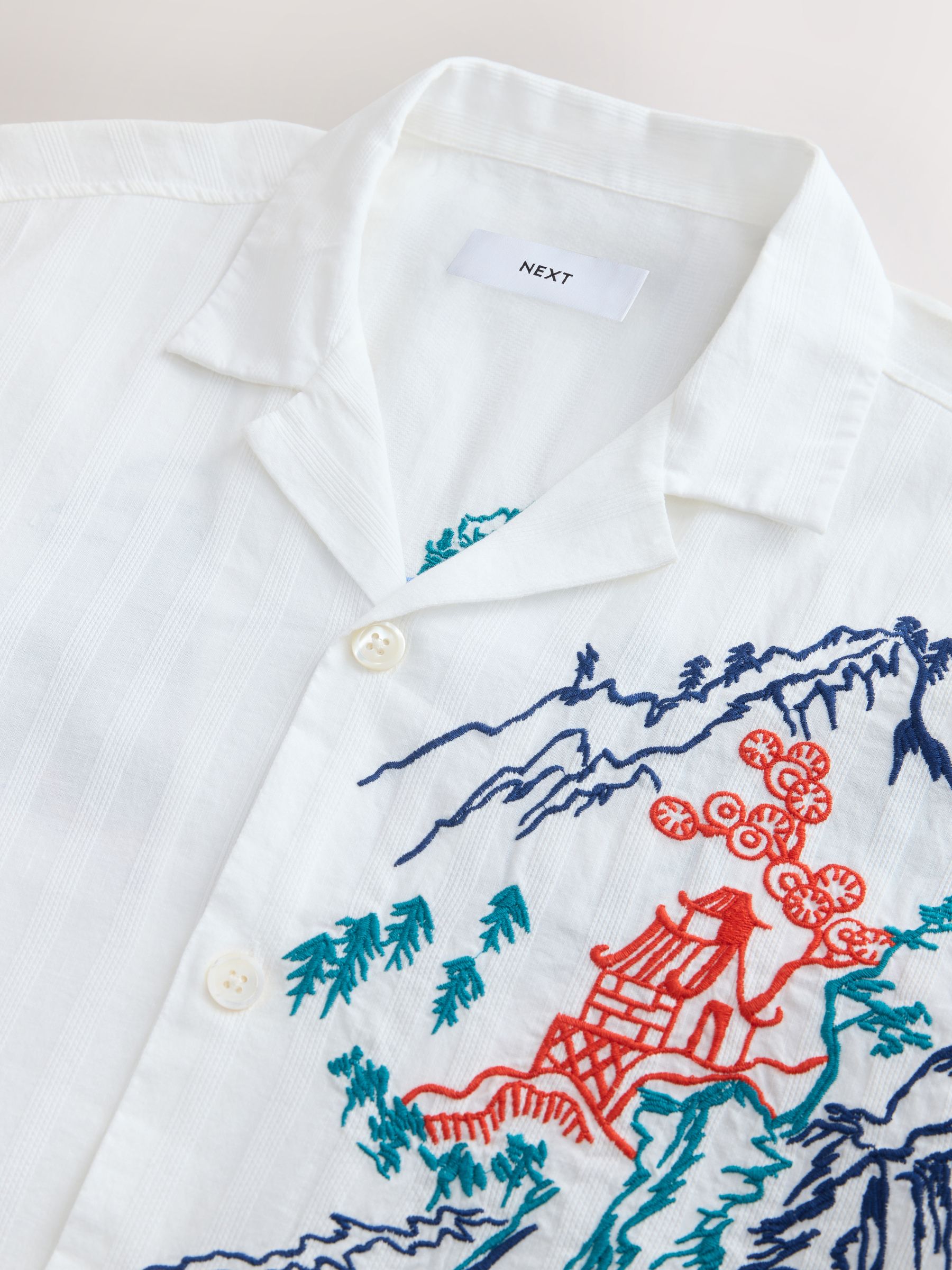 Buy Neutral Textured Embroidered Japanese Print Short Sleeve Shirt