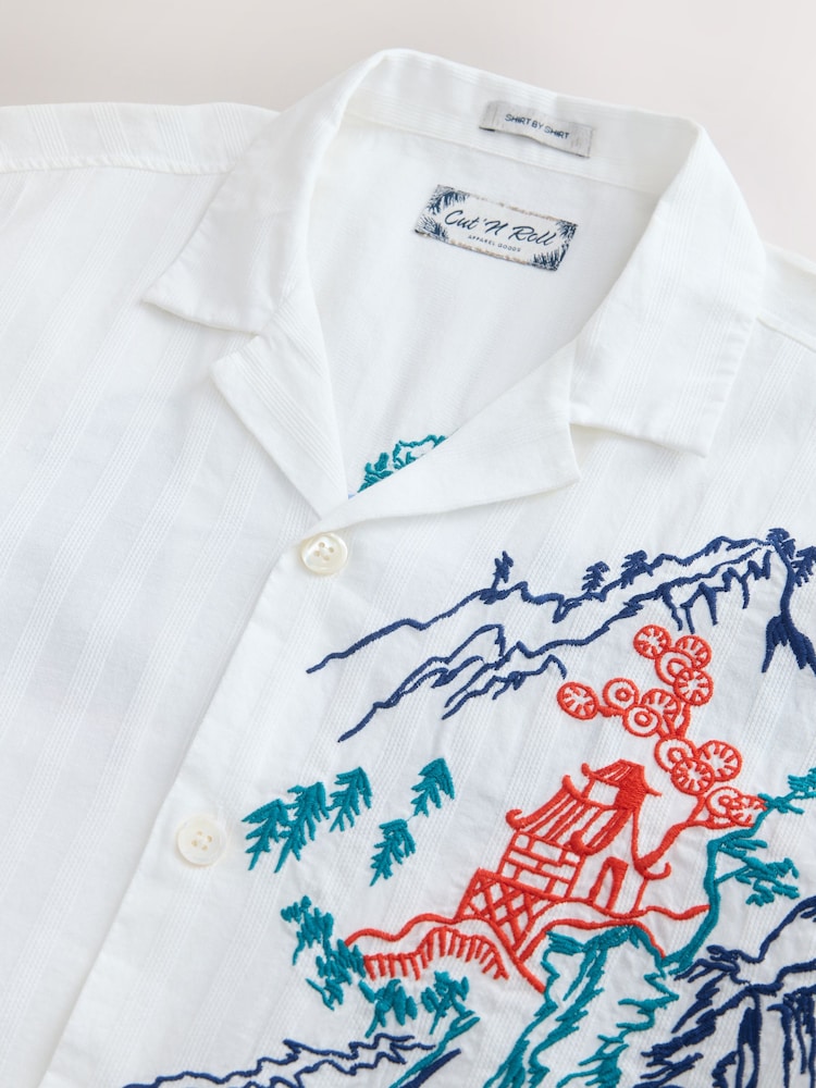 Neutral Textured Embroidered Japanese Print Short Sleeve Shirt - Image 9 of 9