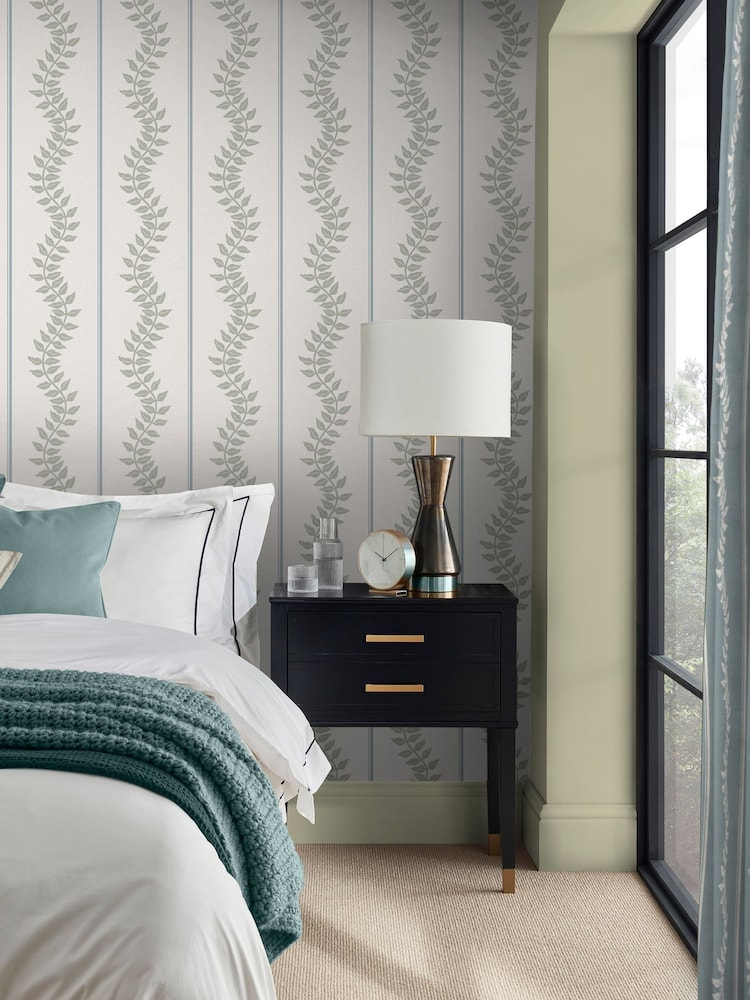 Graham & Brown Sky & Green Laurel Leaf Stripe 10M Wallpaper - Image 1 of 4