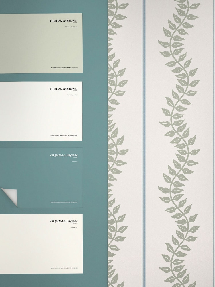 Graham & Brown Sky & Green Laurel Leaf Stripe 10M Wallpaper - Image 4 of 4