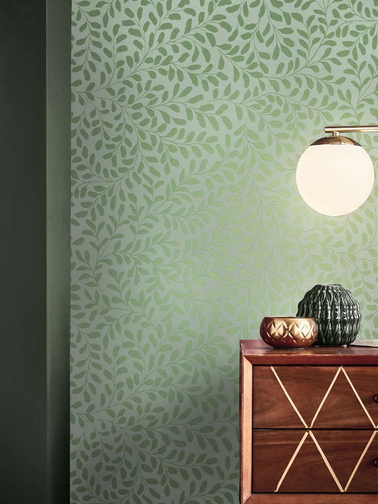 Graham & Brown Sage Gilded Leaf 10M Wallpaper - Image 1 of 4