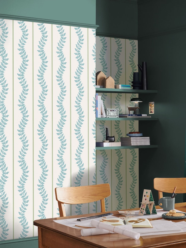 Graham & Brown Blue & Green Laurel Leaf Stripe 10M Wallpaper - Image 1 of 4