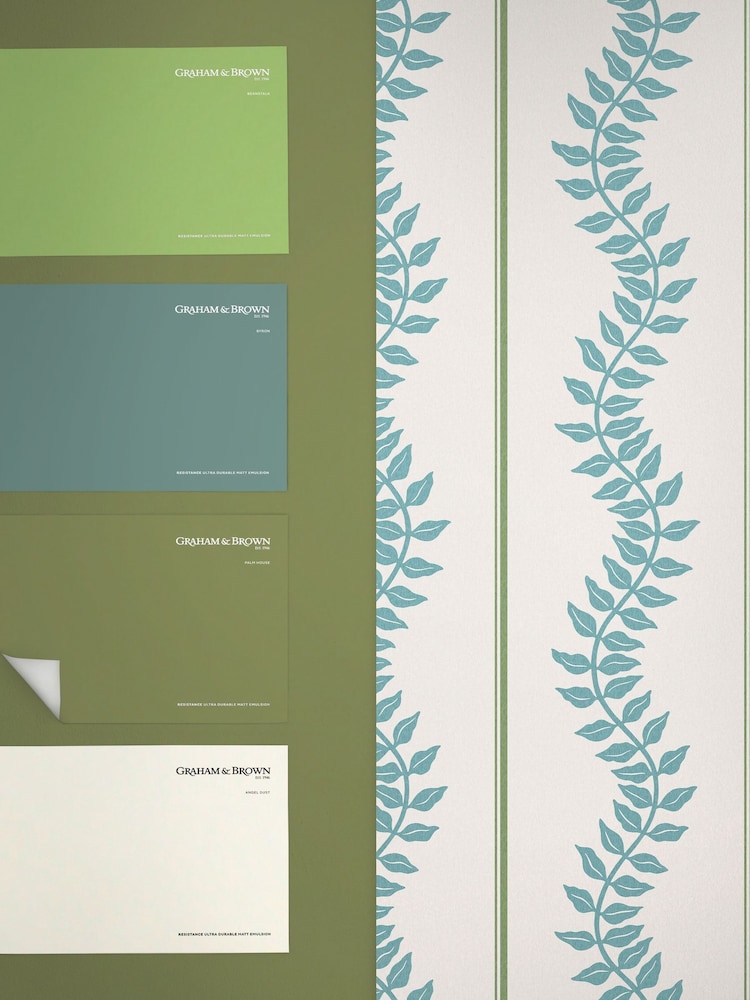 Graham & Brown Blue & Green Laurel Leaf Stripe 10M Wallpaper - Image 4 of 4
