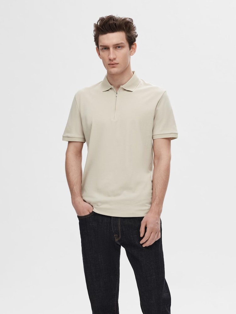 Selected Homme Cream Quarter Zip Short Sleeve Polo Shirt - Image 1 of 4