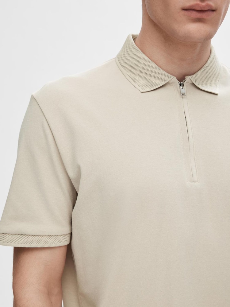 Selected Homme Cream Quarter Zip Short Sleeve Polo Shirt - Image 2 of 4 Selected Homme Cream Quarter Zip Short Sleeve Polo Shirt - Image 2 of 4