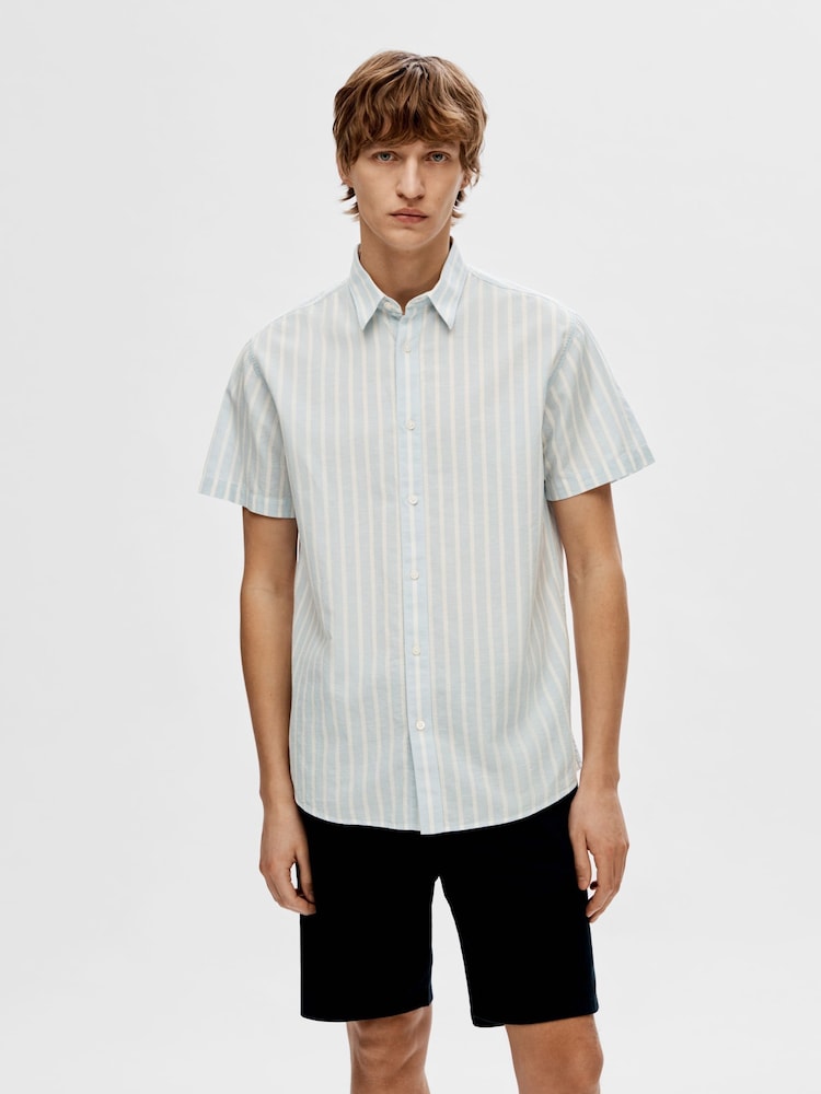 Selected Homme Light Blue Short Sleeve Shirt With Linen - Image 1 of 6 Selected Homme Light Blue Short Sleeve Shirt With Linen - Image 1 of 6