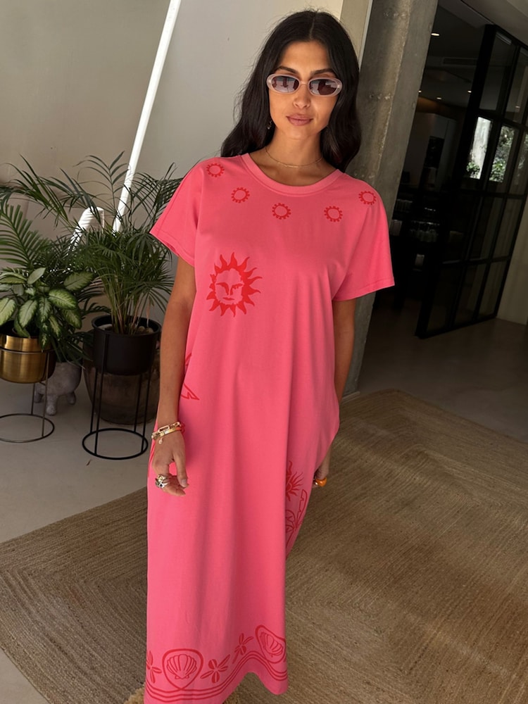 Never Fully Dressed Pink 100% Cotton Palma T-Shirt Midi Dress - Image 2 of 5
