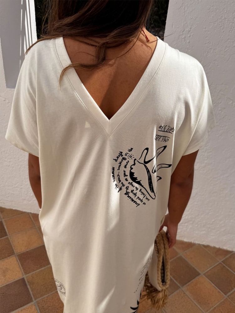 Never Fully Dressed Cream 100% Cotton Palma T-Shirt Midi Dress - Image 10 of 10