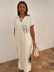 Never Fully Dressed Cream 100% Cotton Palma T-Shirt Midi Dress - Image 4 of 10