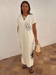 Never Fully Dressed Cream 100% Cotton Palma T-Shirt Midi Dress - Image 7 of 10